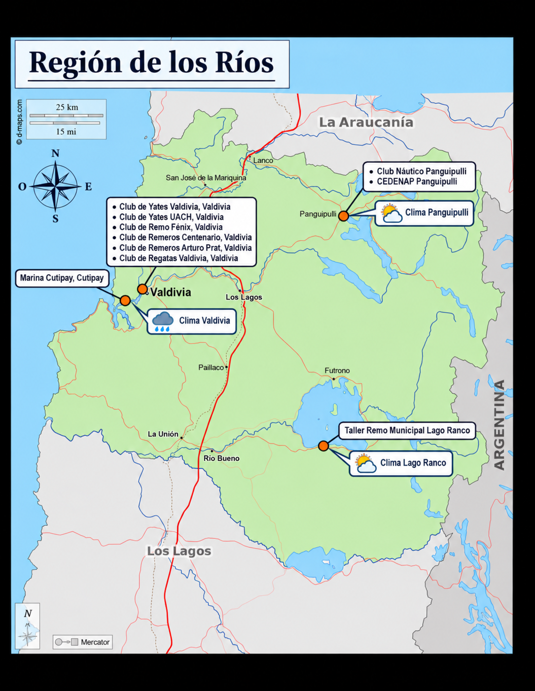 Mapa de la Región de Los Ríos con instituciones náuticas y puntos de clima